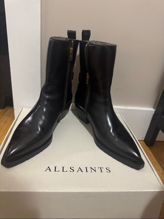 All Saints Shoes - AllSaints Black Pointed Leather Zip Mid-Calf Boots